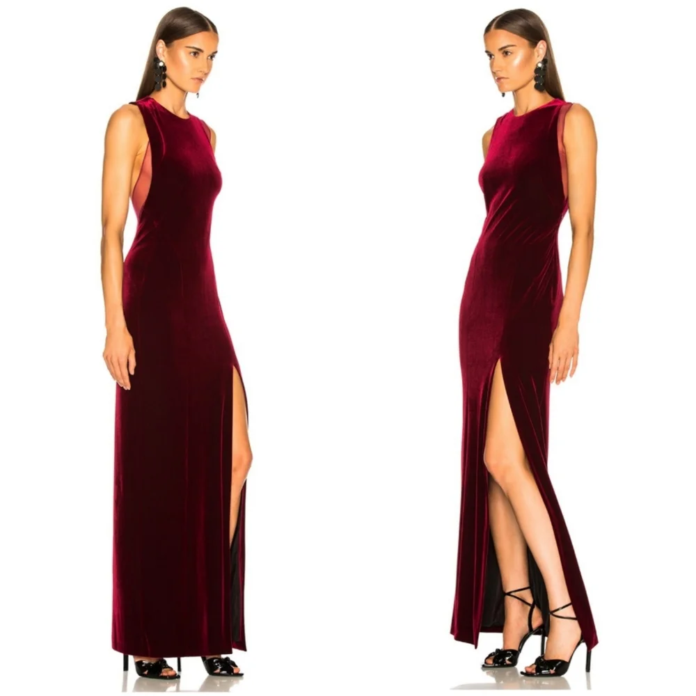 Galvan London Crescent Sheer Panel Thigh Split Velvet Wine Evening Gown Size 10 - Picture 3 of 17